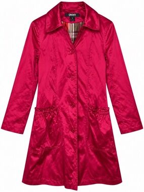 DKNY Small Magenta Satin Trench Coat Plaid Lined Ruffle Pocket Jacket